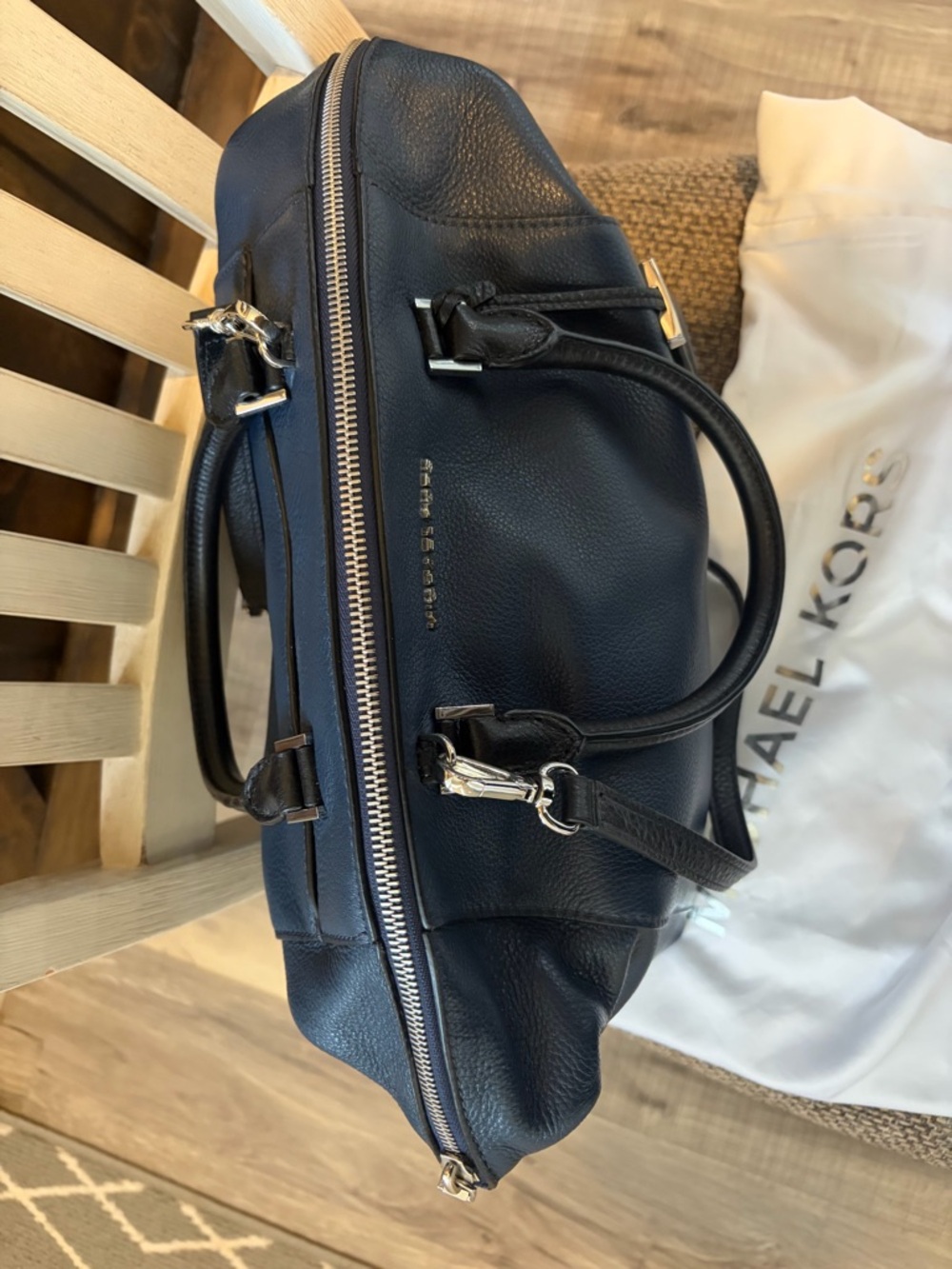 Michael Kors Dark Navy Pebbled Leather Satchel with Silver Hardware - Picture 7 of 10